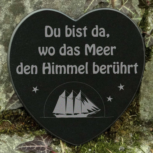 Gedenkstein Herz Grabschmuck Segelschiff Meer Spruch Gravur